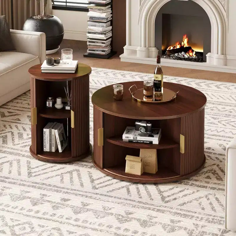 Table basse ronde Clihome Mid-Century avec porte coulissante à tambour