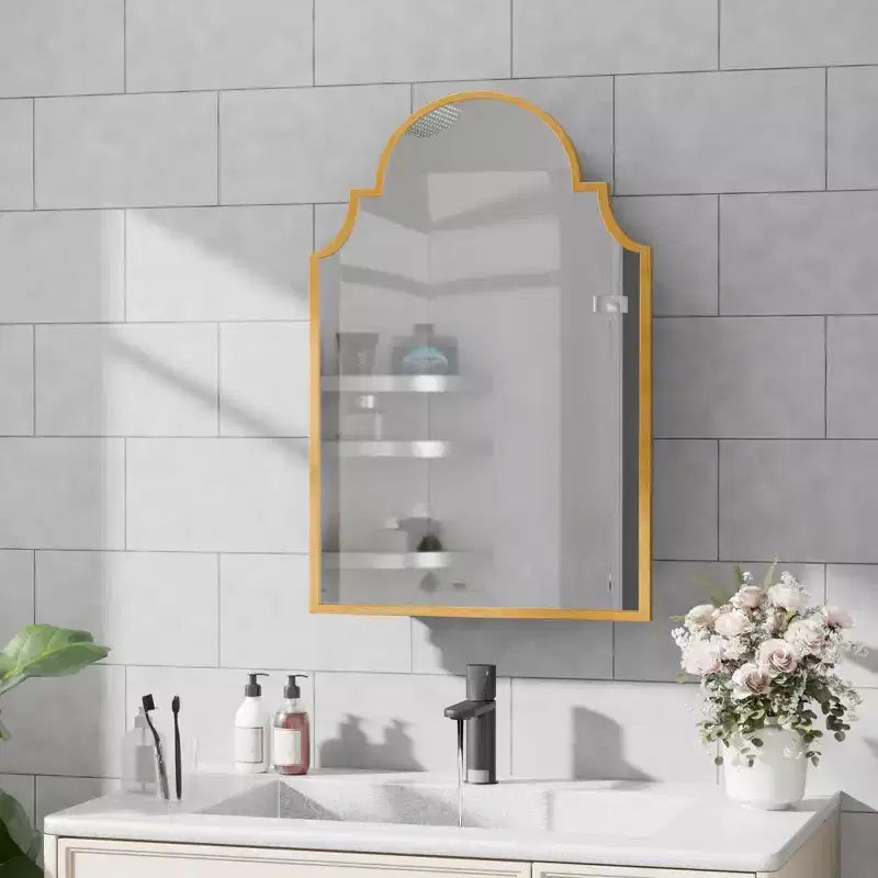 19.5 x 29.64 Inch Gold Arch Wrought Iron Framed Medicine Cabinet With Mirror, Wall-mounted Mirror Cabinet For Bathroom