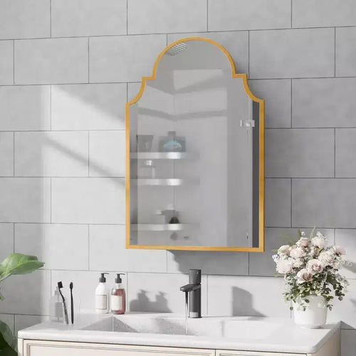 19.5 x 29.64 Inch Gold Arch Wrought Iron Framed Medicine Cabinet With Mirror, Wall-mounted Mirror Cabinet For Bathroom