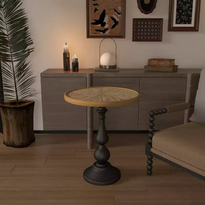 Table d'appoint ronde rétro en bois VIYET 23 – Piètement en métal style campagne française, bois naturel