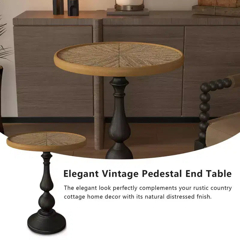 Table d'appoint ronde rétro en bois VIYET 23 – Piètement en métal style campagne française, bois naturel