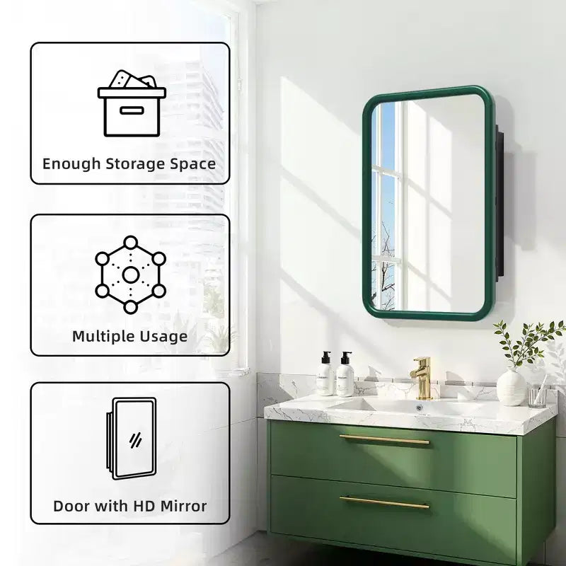 Armoire à pharmacie murale rectangulaire arrondie en fer forgé blanc de 19,5 x 29,64 pouces avec miroir pour salle de bain