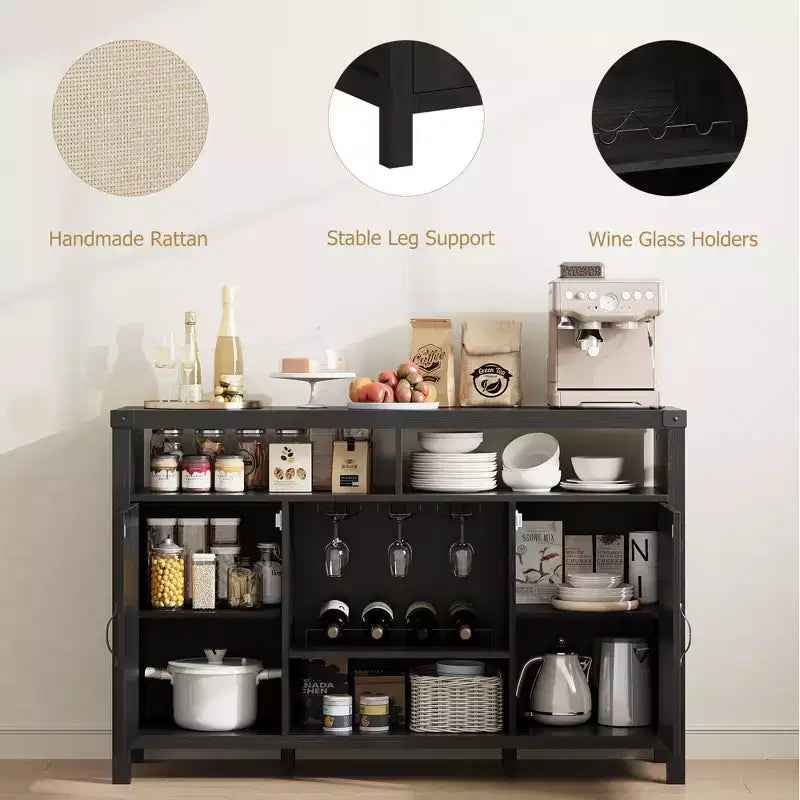 Meuble de bar à vin de ferme 59" avec porte coulissante en rotin - Bar à café avec casier à vin, étagères réglables, buffet pour cuisine et salle à manger