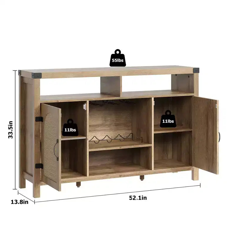 Meuble de bar à vin de ferme 59" avec porte coulissante en rotin - Bar à café avec casier à vin, étagères réglables, buffet pour cuisine et salle à manger
