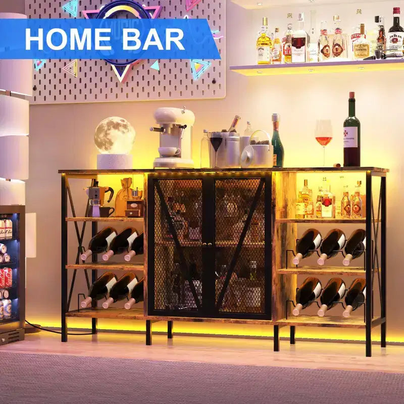 Meuble de bar à vin de ferme, buffet de bar à café industriel avec casier à vin et porte-verres