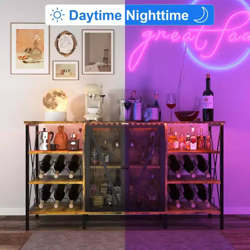 Meuble de bar à vin de ferme, buffet de bar à café industriel avec casier à vin et porte-verres