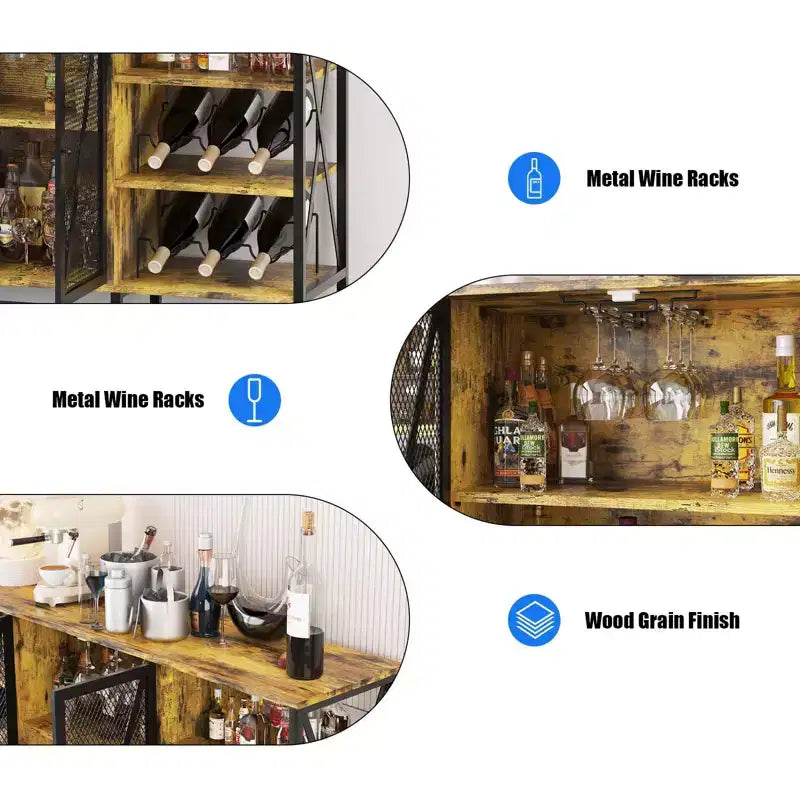 Meuble de bar à vin de ferme, buffet de bar à café industriel avec casier à vin et porte-verres