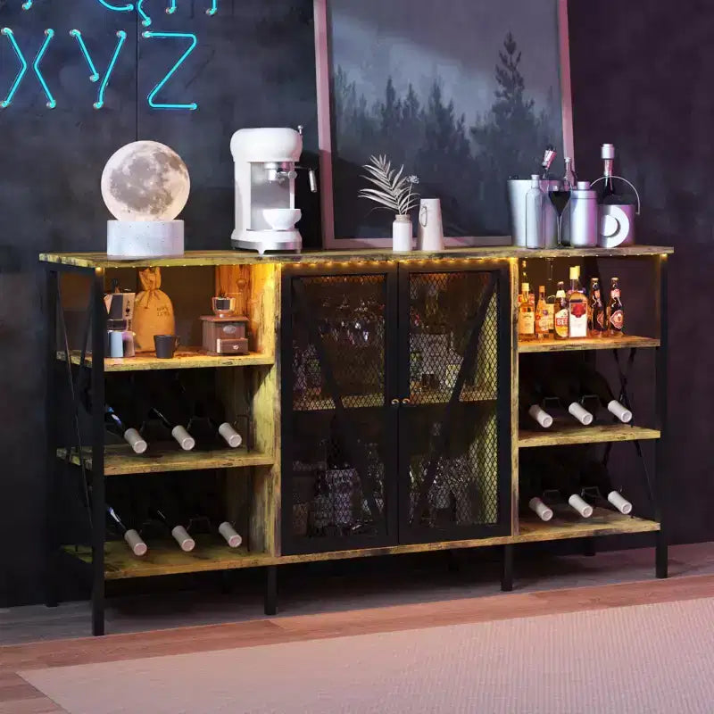 Meuble de bar à vin de ferme, buffet de bar à café industriel avec casier à vin et porte-verres