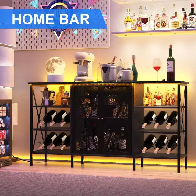 Meuble de bar à vin de ferme, buffet de bar à café industriel avec casier à vin et porte-verres