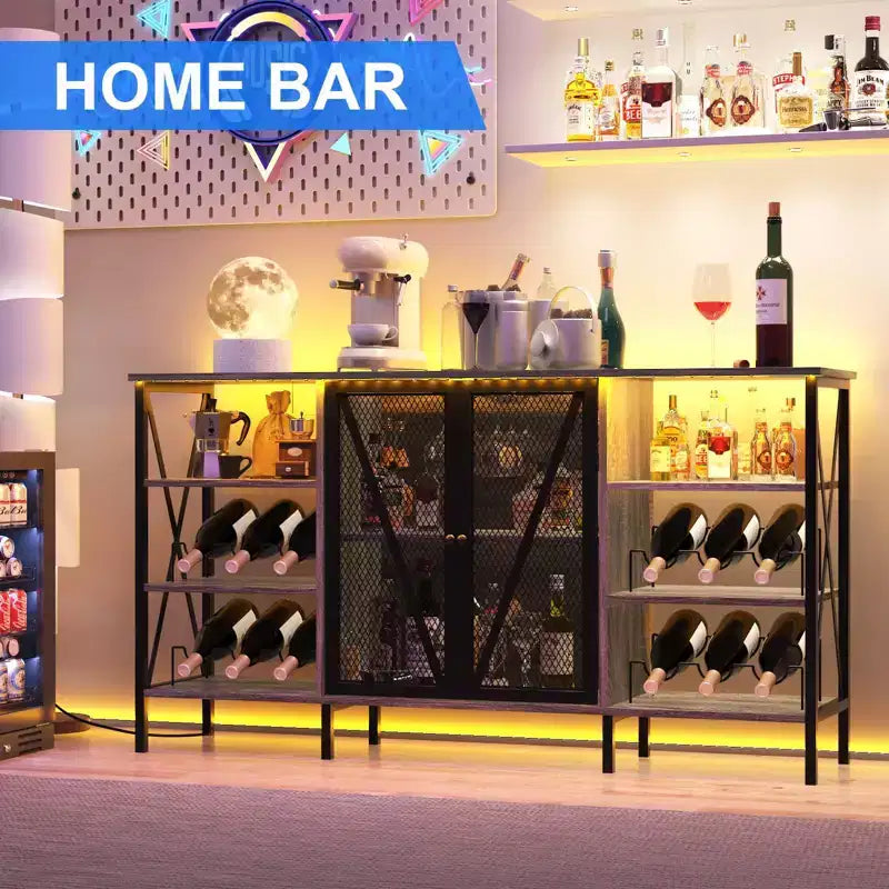 Meuble de bar à vin de ferme, buffet de bar à café industriel avec casier à vin et porte-verres