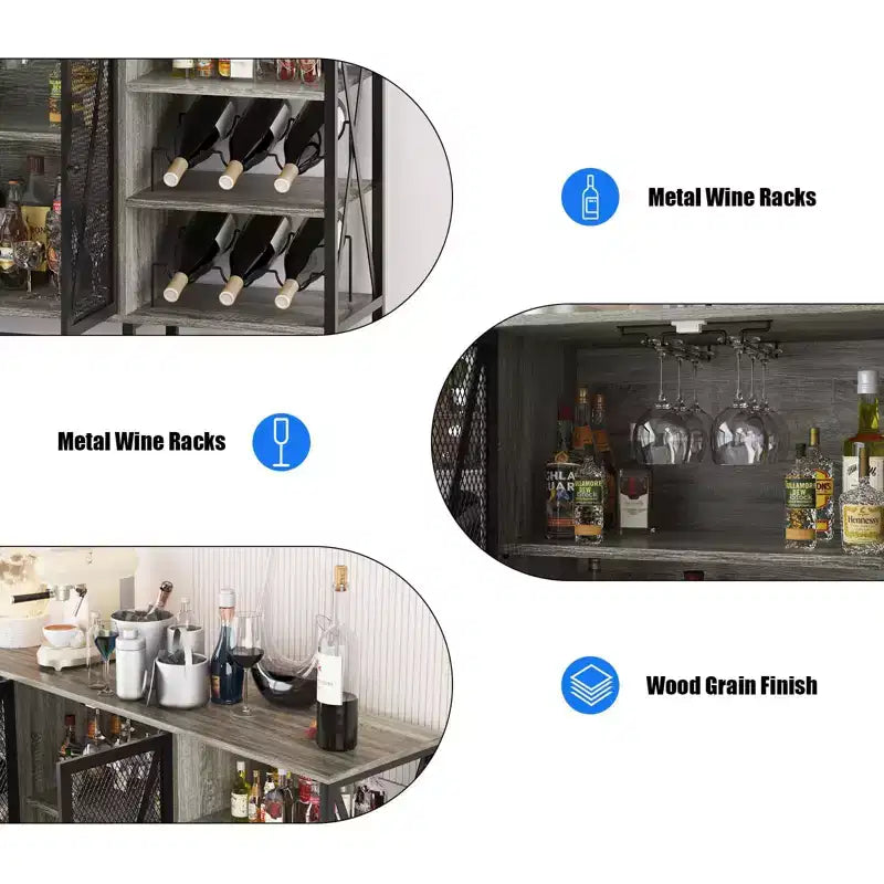 Meuble de bar à vin de ferme, buffet de bar à café industriel avec casier à vin et porte-verres