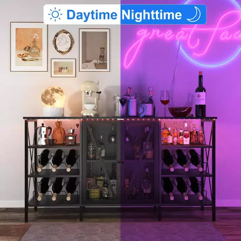 Meuble de bar à vin de ferme, buffet de bar à café industriel avec casier à vin et porte-verres