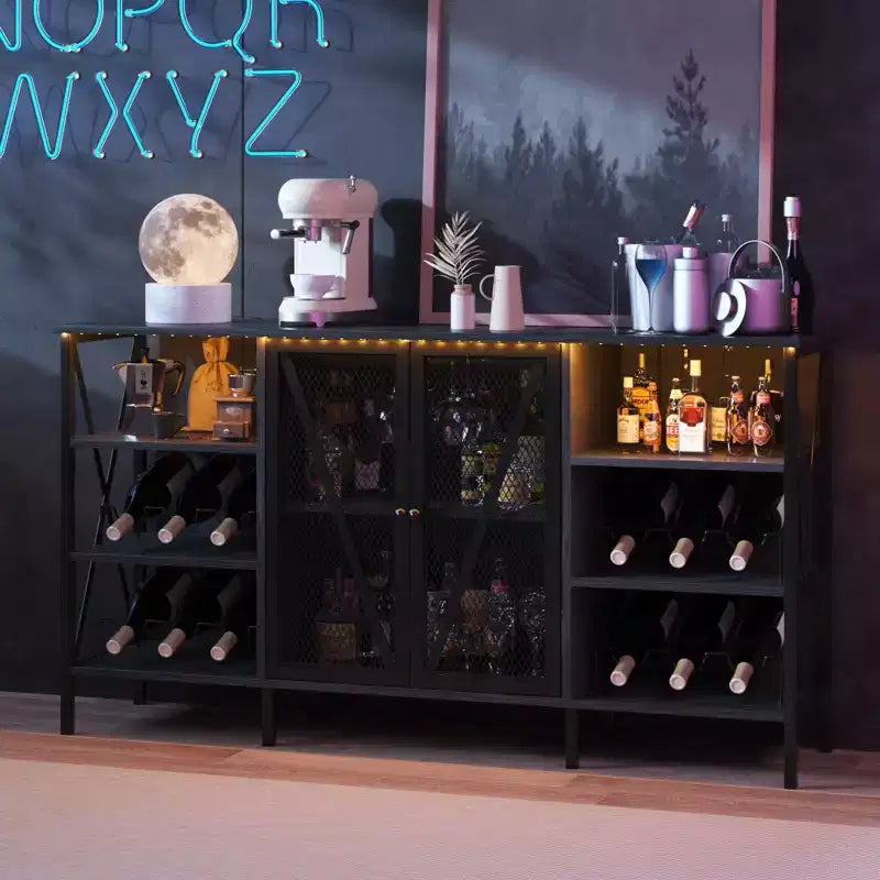 Meuble de bar à vin de ferme, buffet de bar à café industriel avec casier à vin et porte-verres