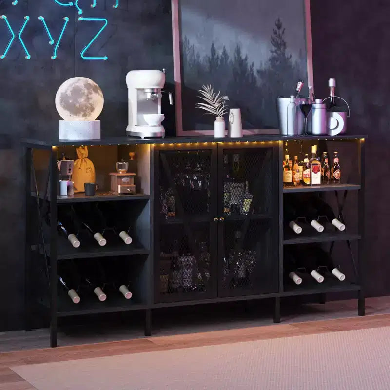 Meuble de bar à vin de ferme, buffet de bar à café industriel avec casier à vin et porte-verres