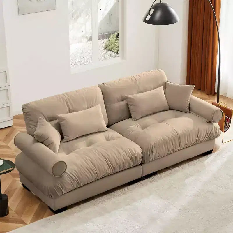 MAYEERTY Canapé deux places avec accoudoirs renforcés, oreillers de taille et coussins décoratifs pour salon/entrée, couleur camel