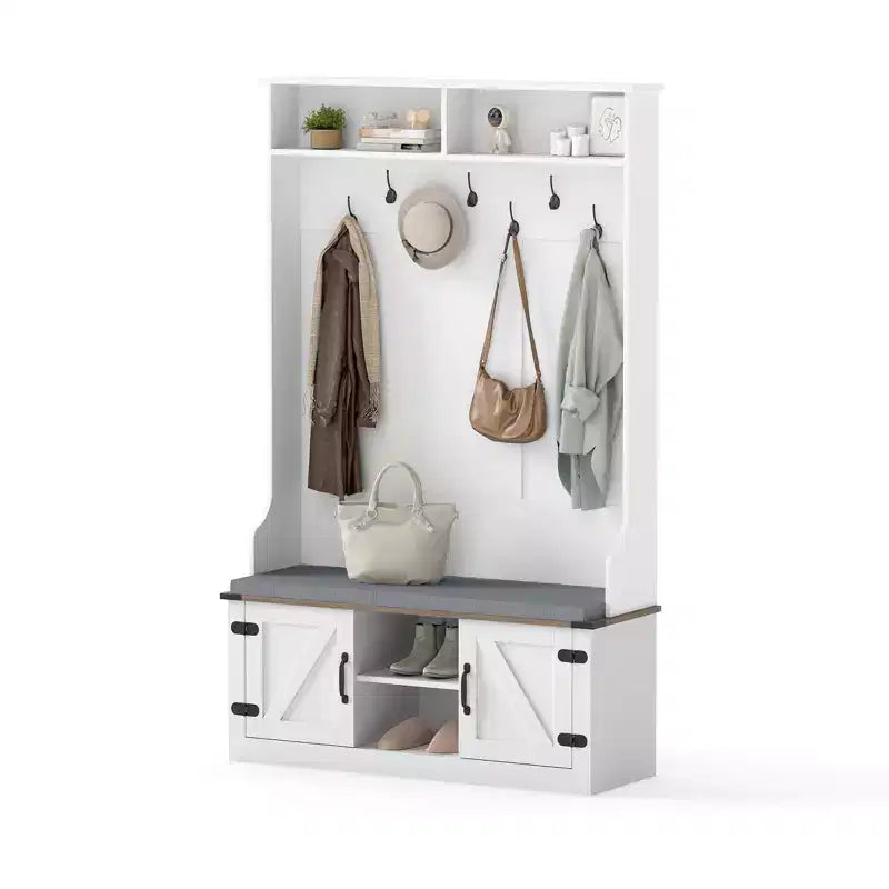 Costway 68.5'' 4-in-1 Hall Tree w/Cushioned Bench Shoe Storage 7 Hooks 2 Cabinets White