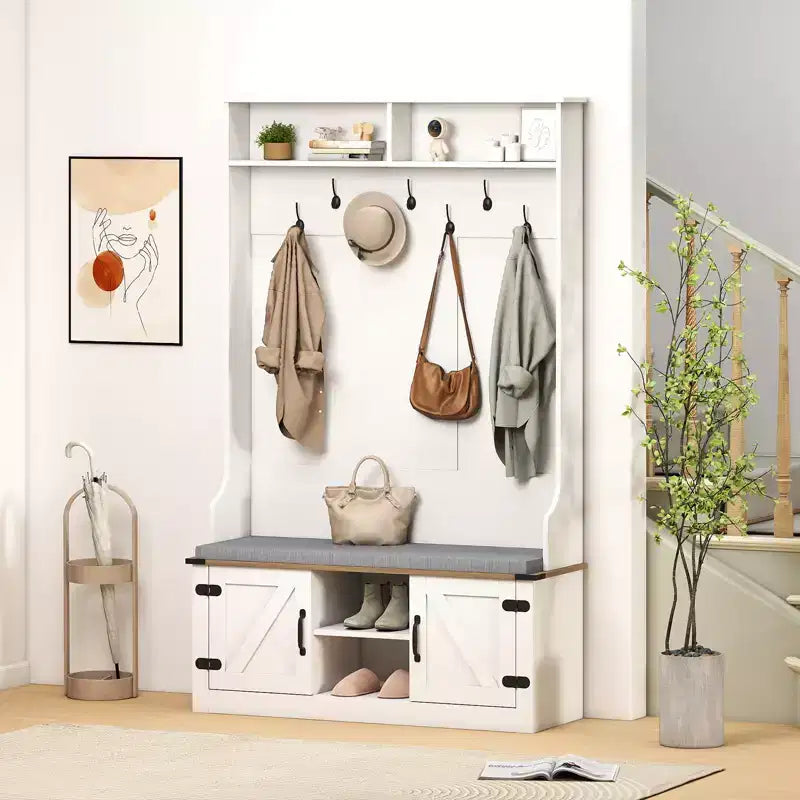 Portemanteau Costway 68,5" 4-en-1 avec banc rembourré, rangement à chaussures, 7 patères et 2 placards, blanc