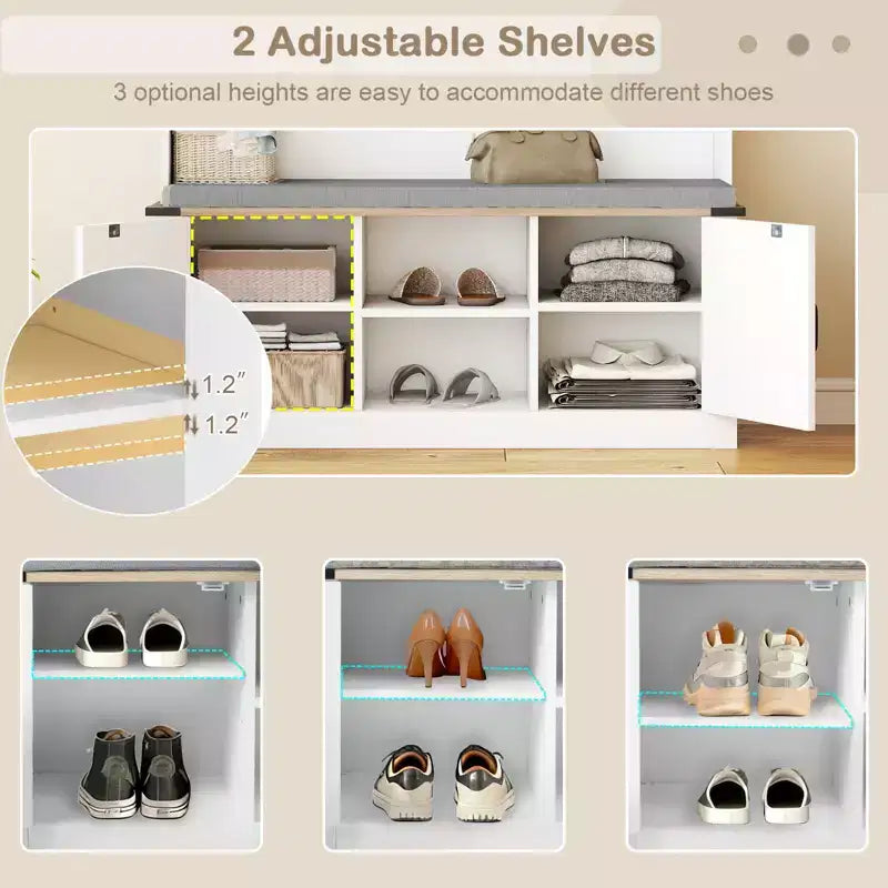 Portemanteau Costway 68,5" 4-en-1 avec banc rembourré, rangement à chaussures, 7 patères et 2 placards, blanc