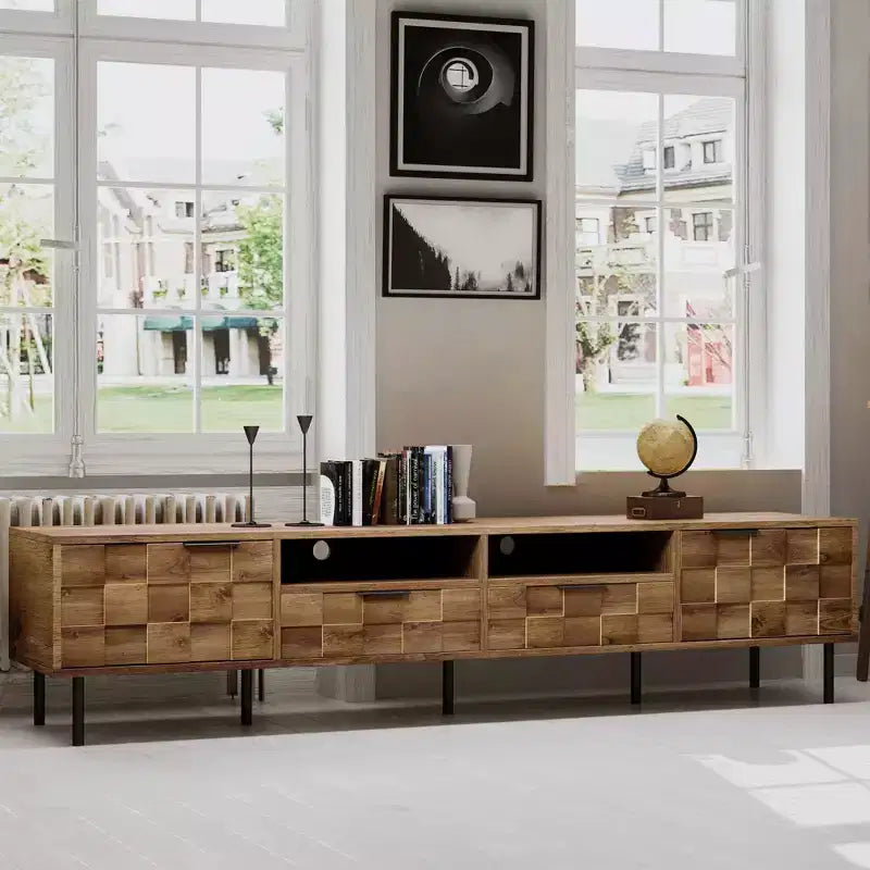 Meuble TV moderne Maurice Mid-Century avec 2 tiroirs et portes d'armoire à grille décorative GDFStudio