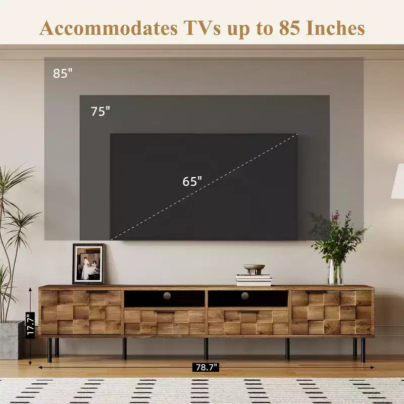 Meuble TV moderne Maurice Mid-Century avec 2 tiroirs et portes d'armoire à grille décorative GDFStudio