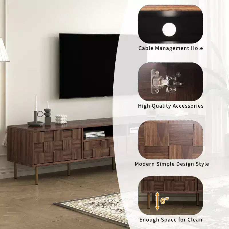 Meuble TV moderne Maurice Mid-Century avec 2 tiroirs et portes d'armoire à grille décorative GDFStudio