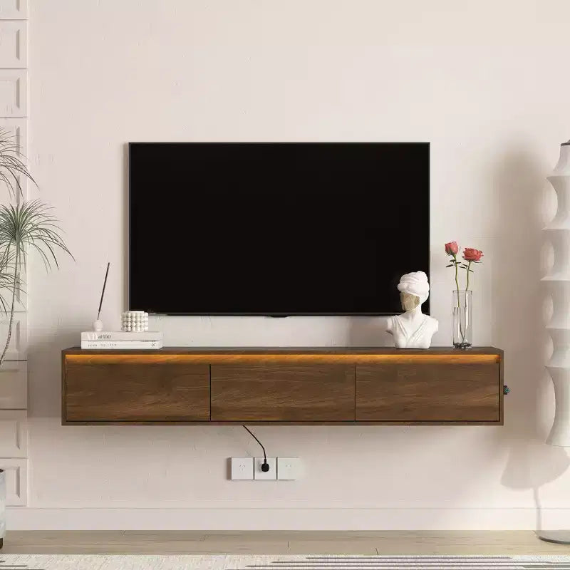 JVNOXK 64-inch Wooden Wall-Mounted Floating TV Stand with LED Lighting and Power Outlet, High-Gloss Finish, Ideal for Living Rooms. Wood-Tone