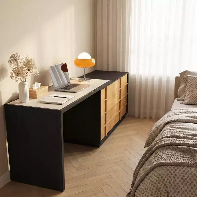 110.23 Bureau extensible avec plateau en cuir sellier 6 tiroirs Table d'écriture informatique moderne en forme de L pour bureau à domicile Noir Gaoyangjiaju