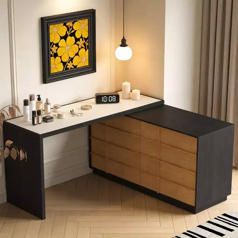 110.23 Bureau extensible avec plateau en cuir sellier 6 tiroirs Table d'écriture informatique moderne en forme de L pour bureau à domicile Noir Gaoyangjiaju