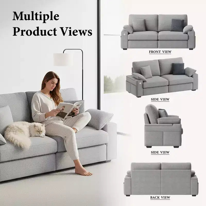 Canapé moderne en mélange de lin avec ports de charge USB et Type-C, poches de rangement latérales et accoudoir avec rangement à rabat pour salon