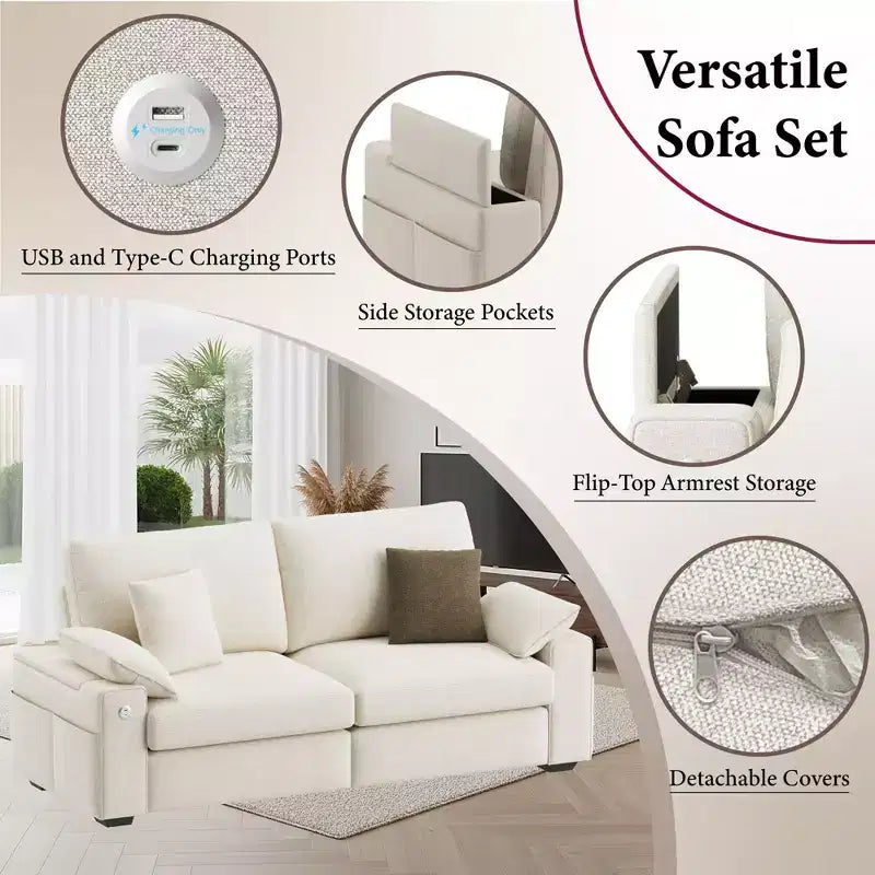 Canapé moderne en mélange de lin avec ports de charge USB et Type-C, poches de rangement latérales et accoudoir avec rangement à rabat pour salon