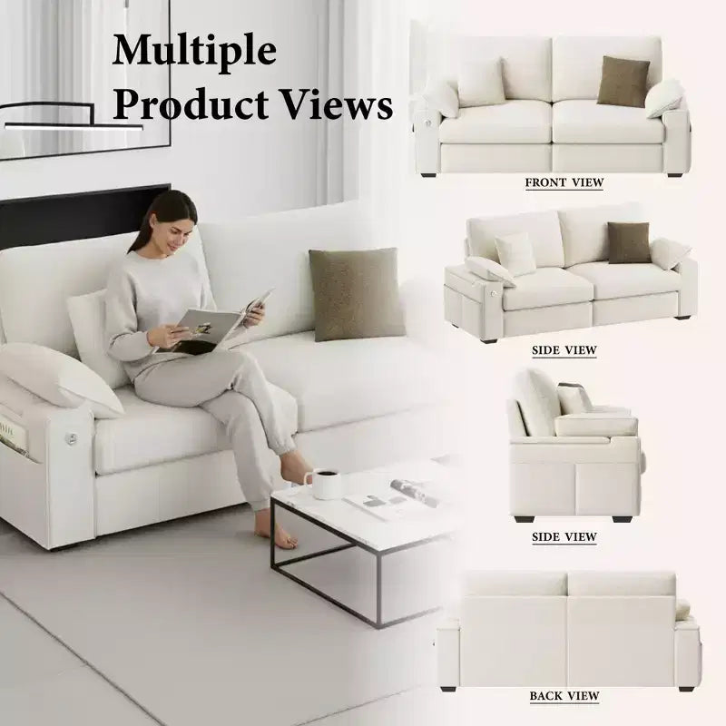 Canapé moderne en mélange de lin avec ports de charge USB et Type-C, poches de rangement latérales et accoudoir avec rangement à rabat pour salon