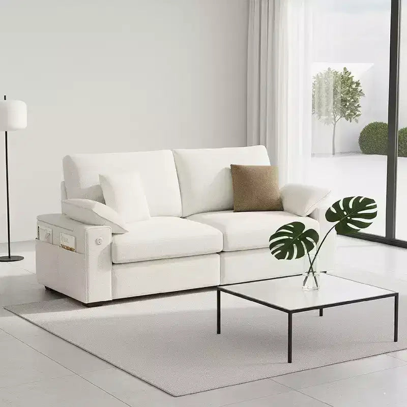 Modern Linen Blend Fabric Sofa with USB & Type-C Charging Ports, Side Storage Pockets, and Flip-Top Armrest Storage for Living Room
