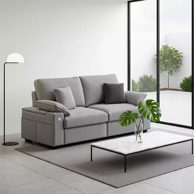 Canapé moderne en tissu mélangé de lin avec ports de chargement USB et Type-C, poches de rangement latérales et accoudoir relevable pour le salon