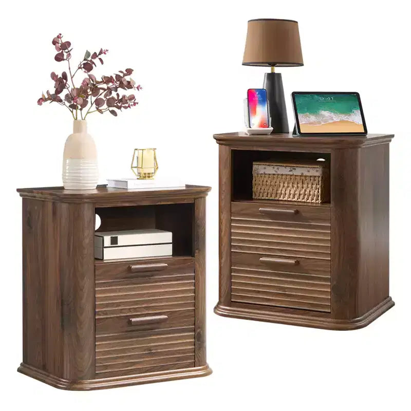 Table de chevet moderne JVNOXK de 22 pouces avec station de charge incurvée, dotée de 2 tiroirs et d'un espace de rangement ouvert, adaptée aux chambres, Noyer
