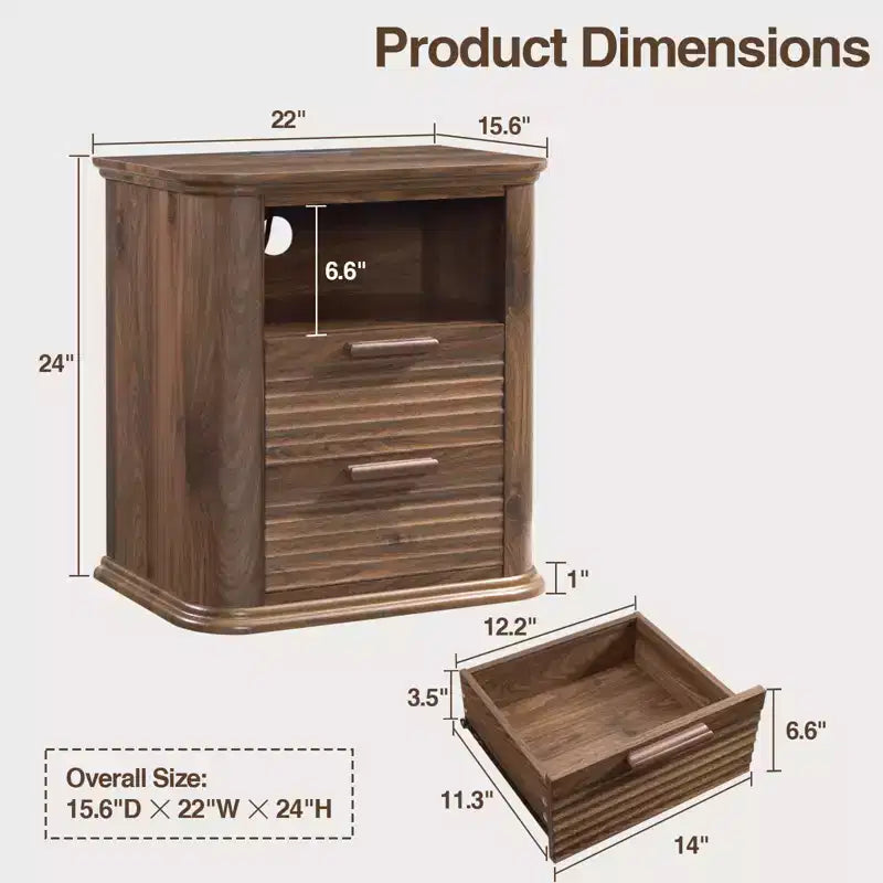 Table de chevet moderne JVNOXK de 22 pouces avec station de charge incurvée, dotée de 2 tiroirs et d'un espace de rangement ouvert, adaptée aux chambres, Noyer