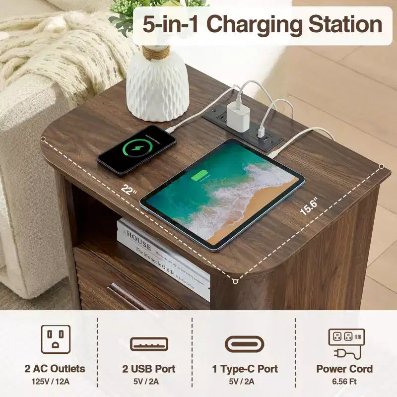 Table de chevet moderne JVNOXK de 22 pouces avec station de charge incurvée, dotée de 2 tiroirs et d'un espace de rangement ouvert, adaptée aux chambres, Noyer