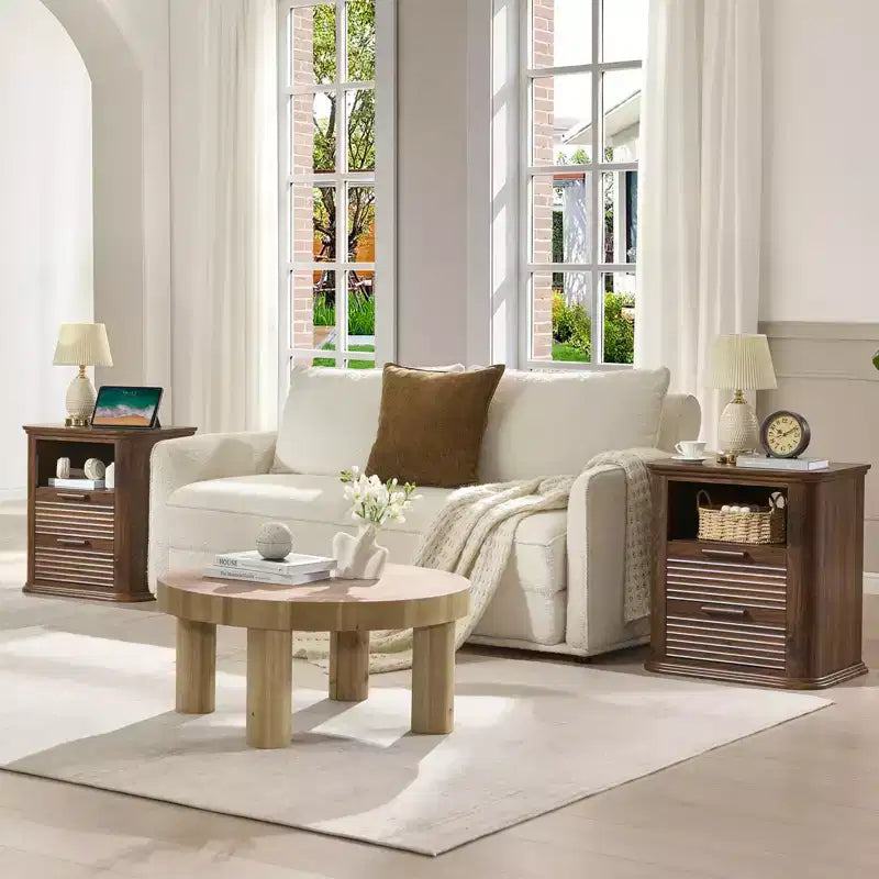 Table de chevet moderne JVNOXK de 22 pouces avec station de charge incurvée, dotée de 2 tiroirs et d'un espace de rangement ouvert, adaptée aux chambres, Noyer