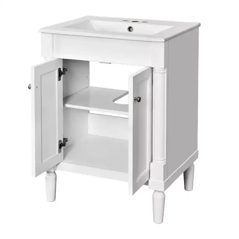 Meuble-lavabo JVNOXK de 61 cm à vasque unique, meuble de rangement de salle de bain moderne à deux niveaux, étagère de rangement grande capacité, blanc