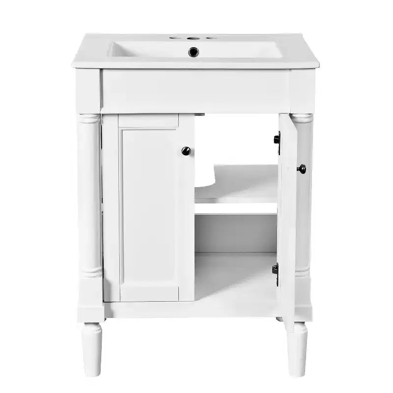Meuble-lavabo JVNOXK de 61 cm à vasque unique, meuble de rangement de salle de bain moderne à deux niveaux, étagère de rangement grande capacité, blanc