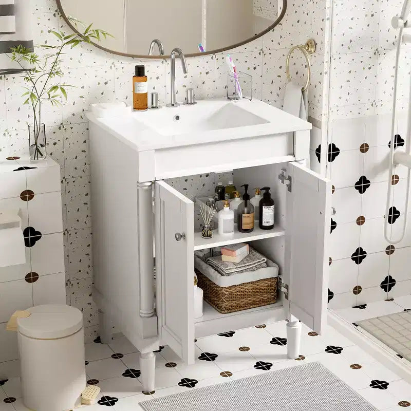 Meuble-lavabo JVNOXK de 61 cm à vasque unique, meuble de rangement de salle de bain moderne à deux niveaux, étagère de rangement grande capacité, blanc