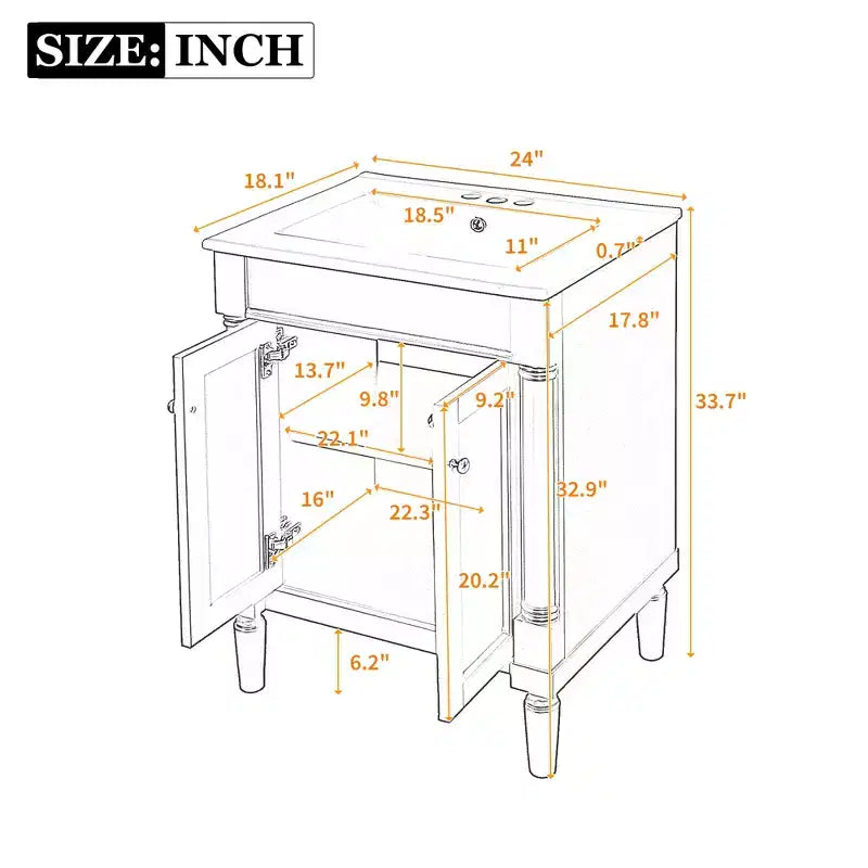 Meuble-lavabo JVNOXK de 61 cm à vasque unique, meuble de rangement de salle de bain moderne à deux niveaux, étagère de rangement grande capacité, blanc