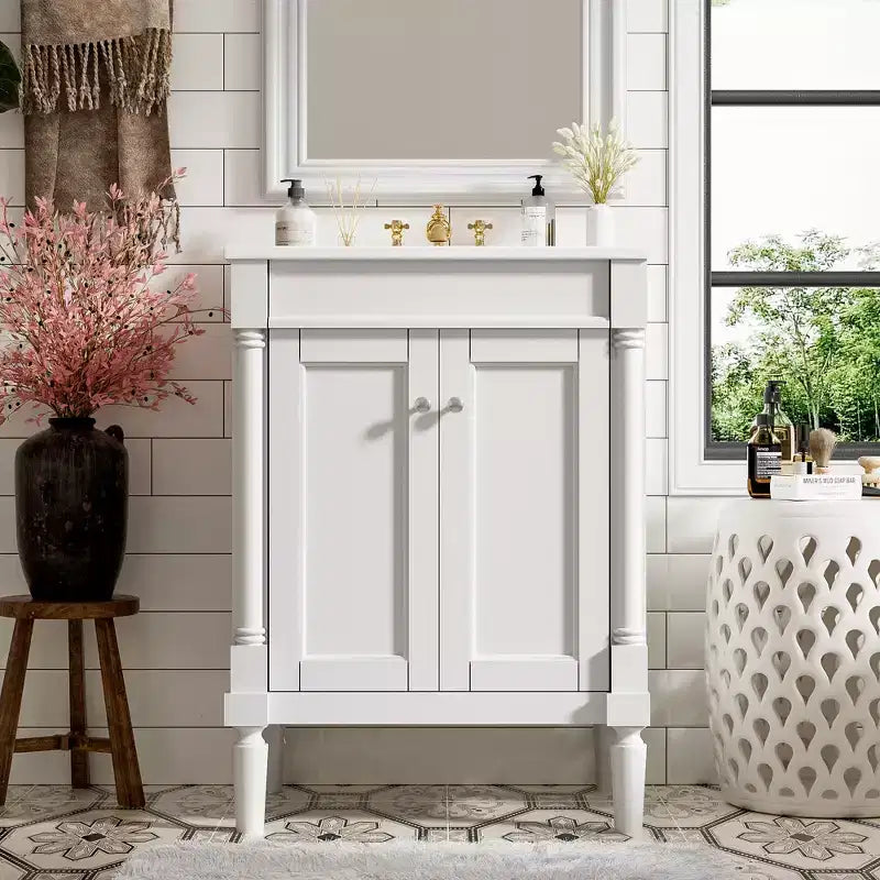 Meuble-lavabo JVNOXK de 61 cm à vasque unique, meuble de rangement de salle de bain moderne à deux niveaux, étagère de rangement grande capacité, blanc