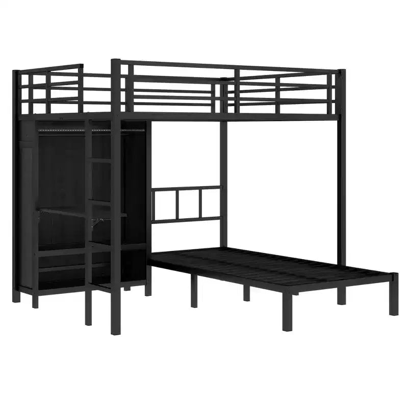 Bellemave – Lit superposé en métal Full XL sur jumeau avec bureau pliant, placard avec LED, peu encombrant/réduction du bruit, noir