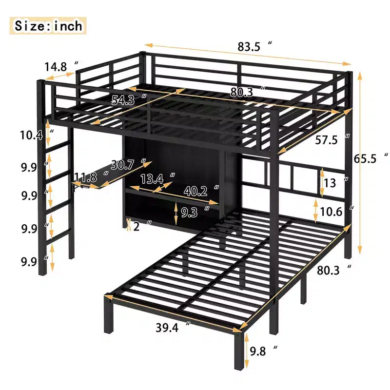 Bellemave – Lit superposé en métal Full XL sur jumeau avec bureau pliant, placard avec LED, peu encombrant/réduction du bruit, noir
