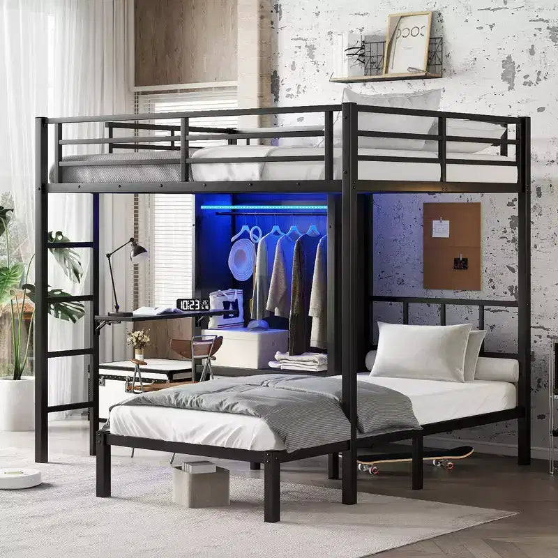 Bellemave – Lit superposé en métal Full XL sur jumeau avec bureau pliant, placard avec LED, peu encombrant/réduction du bruit, noir