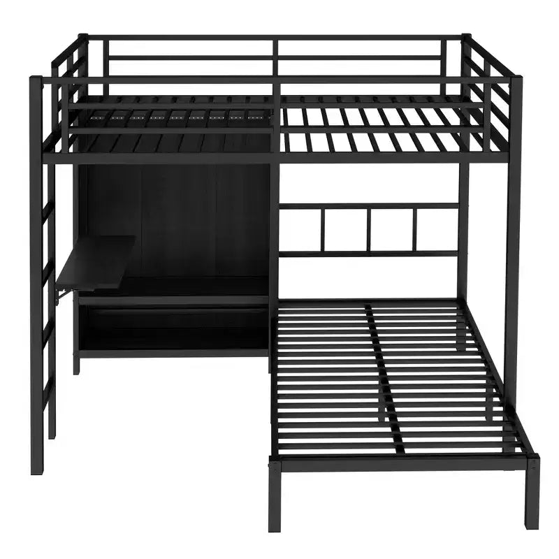 Bellemave – Lit superposé en métal Full XL sur jumeau avec bureau pliant, placard avec LED, peu encombrant/réduction du bruit, noir