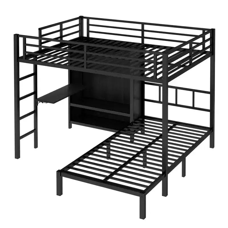 Bellemave – Lit superposé en métal Full XL sur jumeau avec bureau pliant, placard avec LED, peu encombrant/réduction du bruit, noir