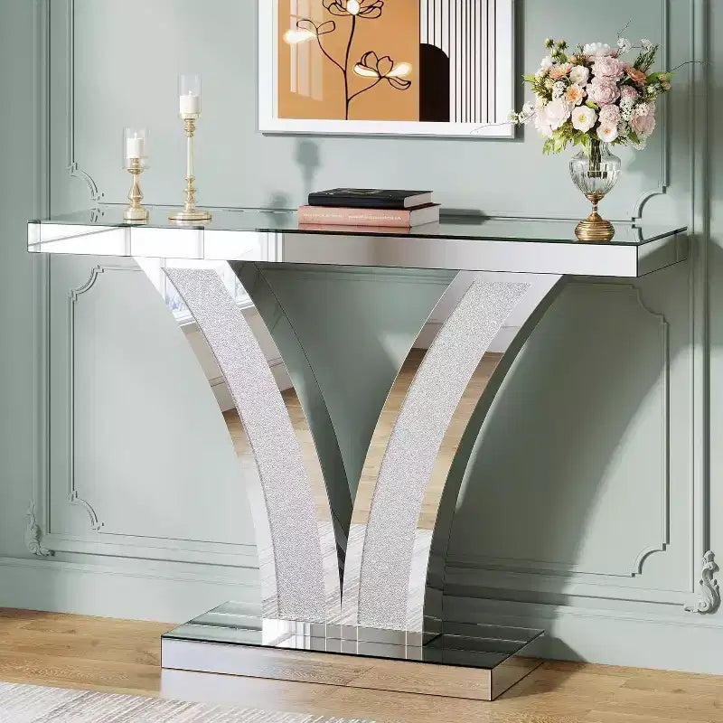 Console miroir Lantine, table d'entrée moderne argentée avec incrustation de cristaux pour salon, couloir, foyer