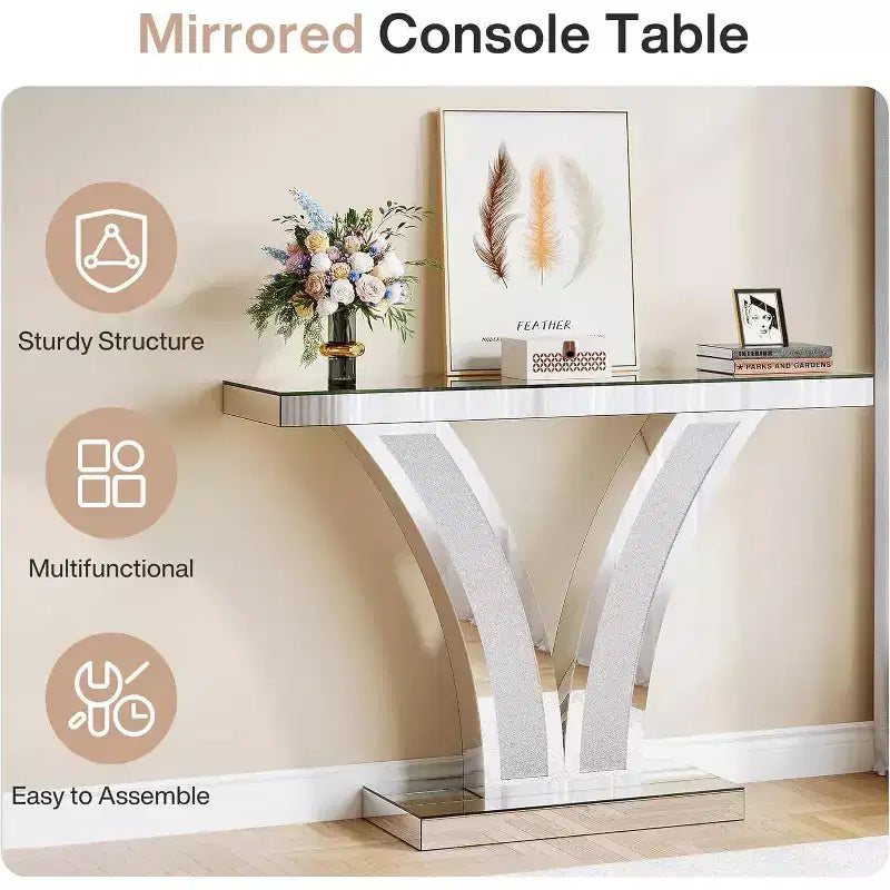 Console miroir Lantine, table d'entrée moderne argentée avec incrustation de cristaux pour salon, couloir, foyer