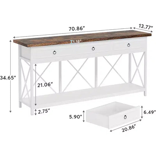 Table console de 180 cm avec 3 tiroirs, table d'entrée de style ferme avec étagère de rangement pour entrée, couloir, blanc et marron